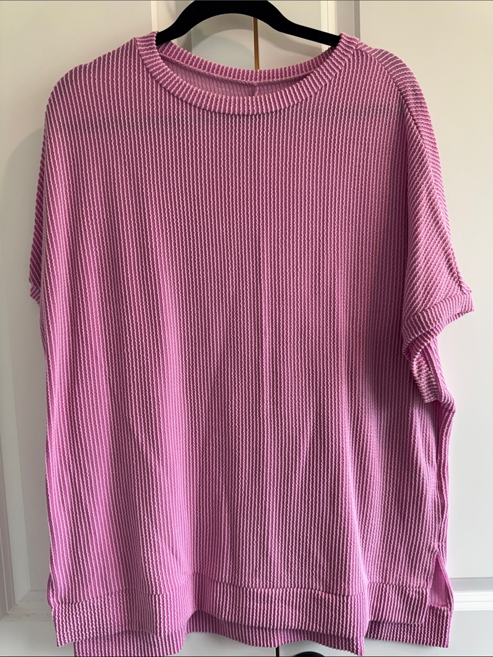 Relaxed Ribbed Short-Sleeve Sweatshirt - Pink